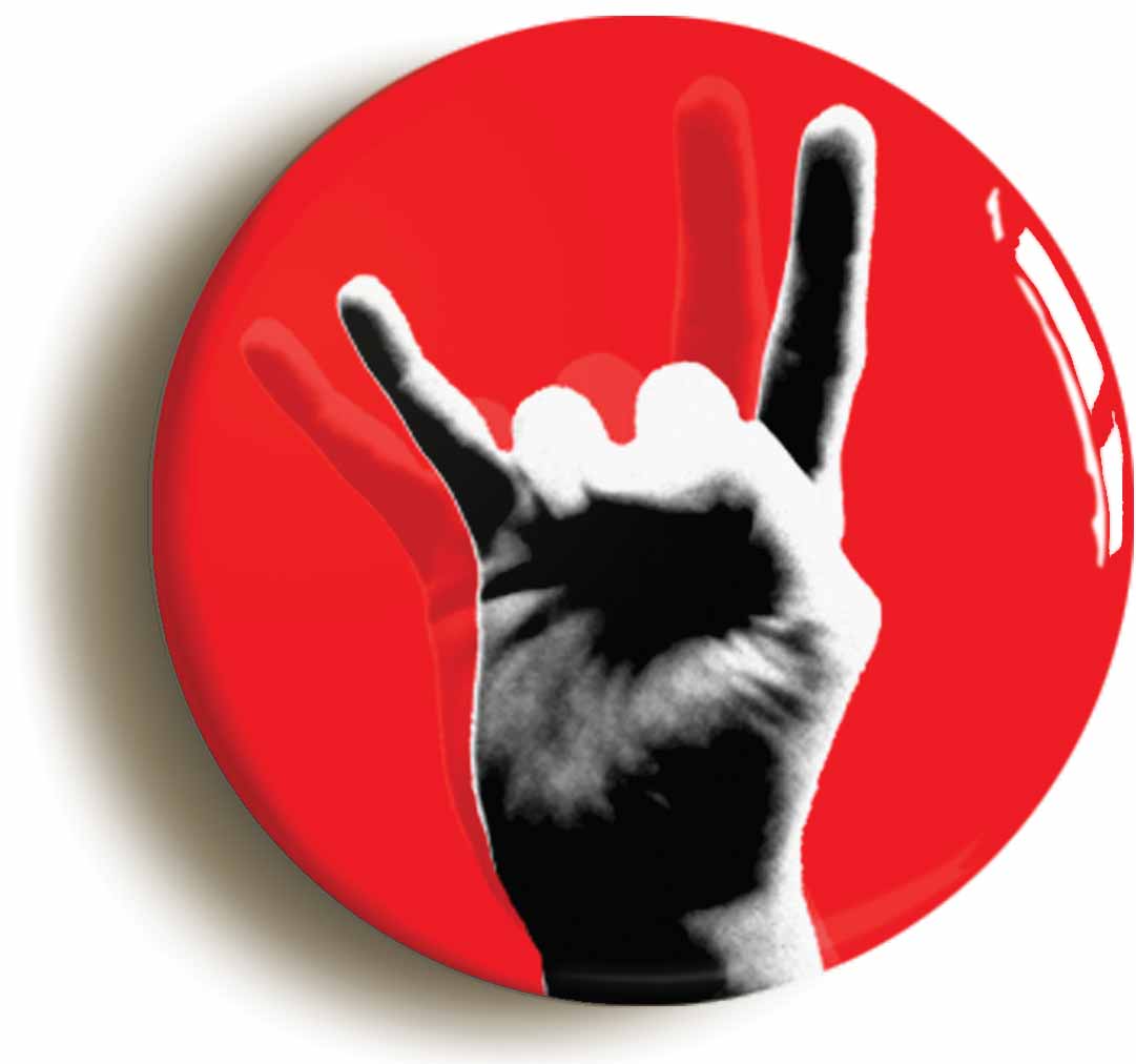 A picture of the front of the product, titled Heavy Metal Devil Fingers Funny Button Pin Badge