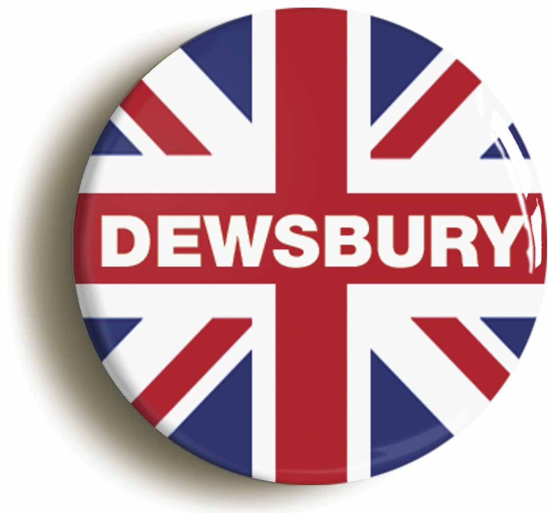 A picture of the front of the product, titled Dewsbury Union Jack Button Pin Badge