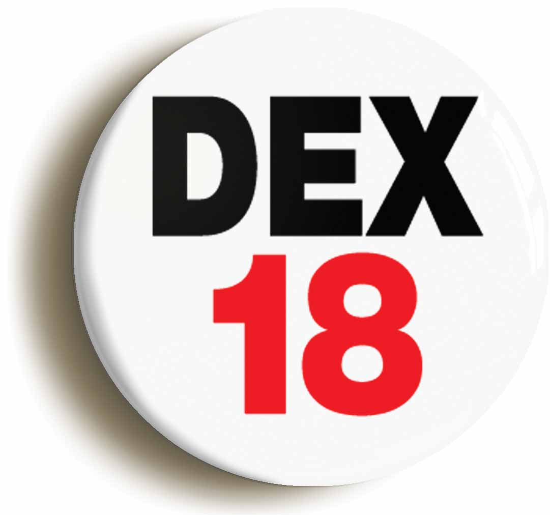 A picture of the front of the product, titled Dex 18 Dexterity RPG Role Playing Game Button Pin Badge