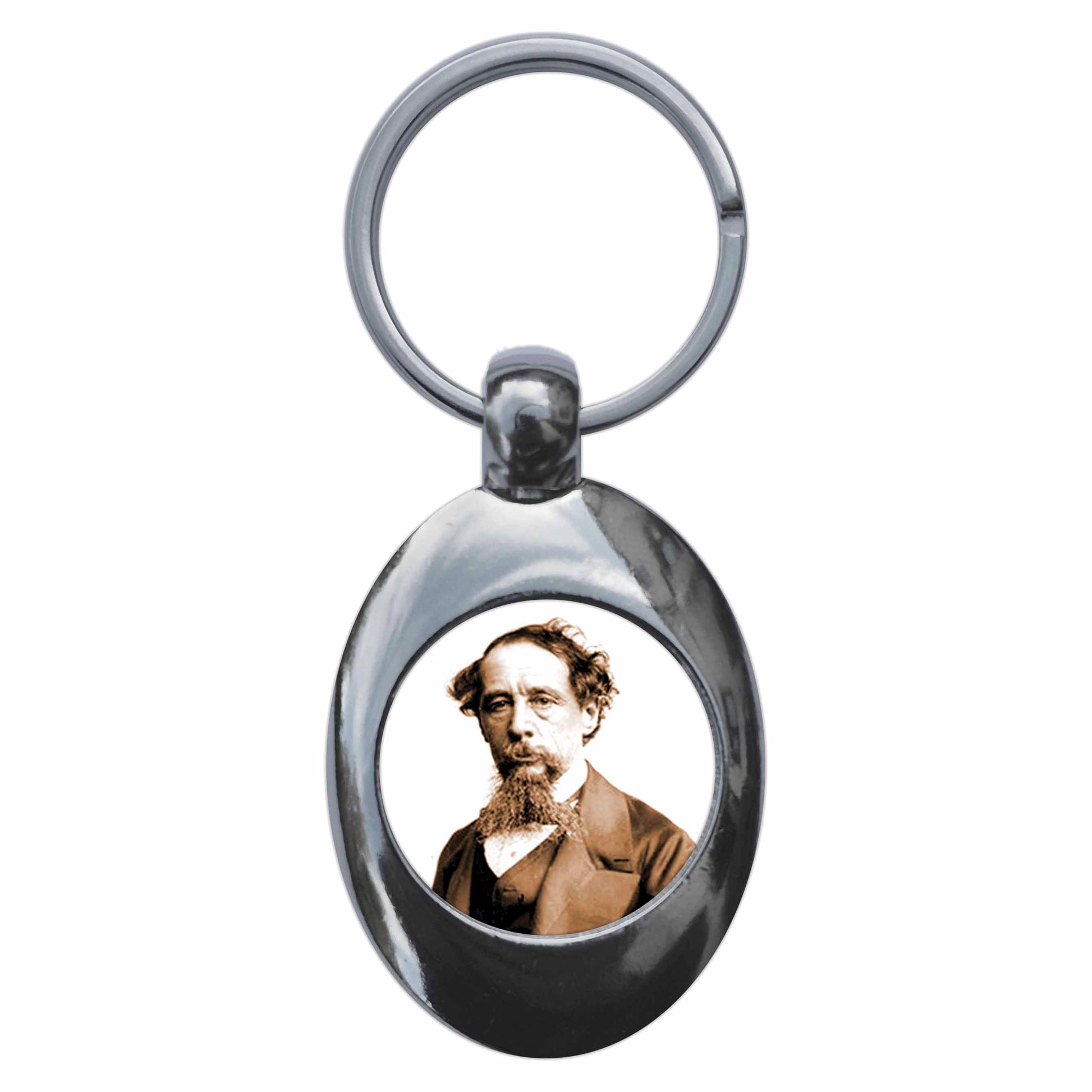 A picture of the front of the product, titled Charles Dickens Portrait Metal Keyring With Trolley Coin