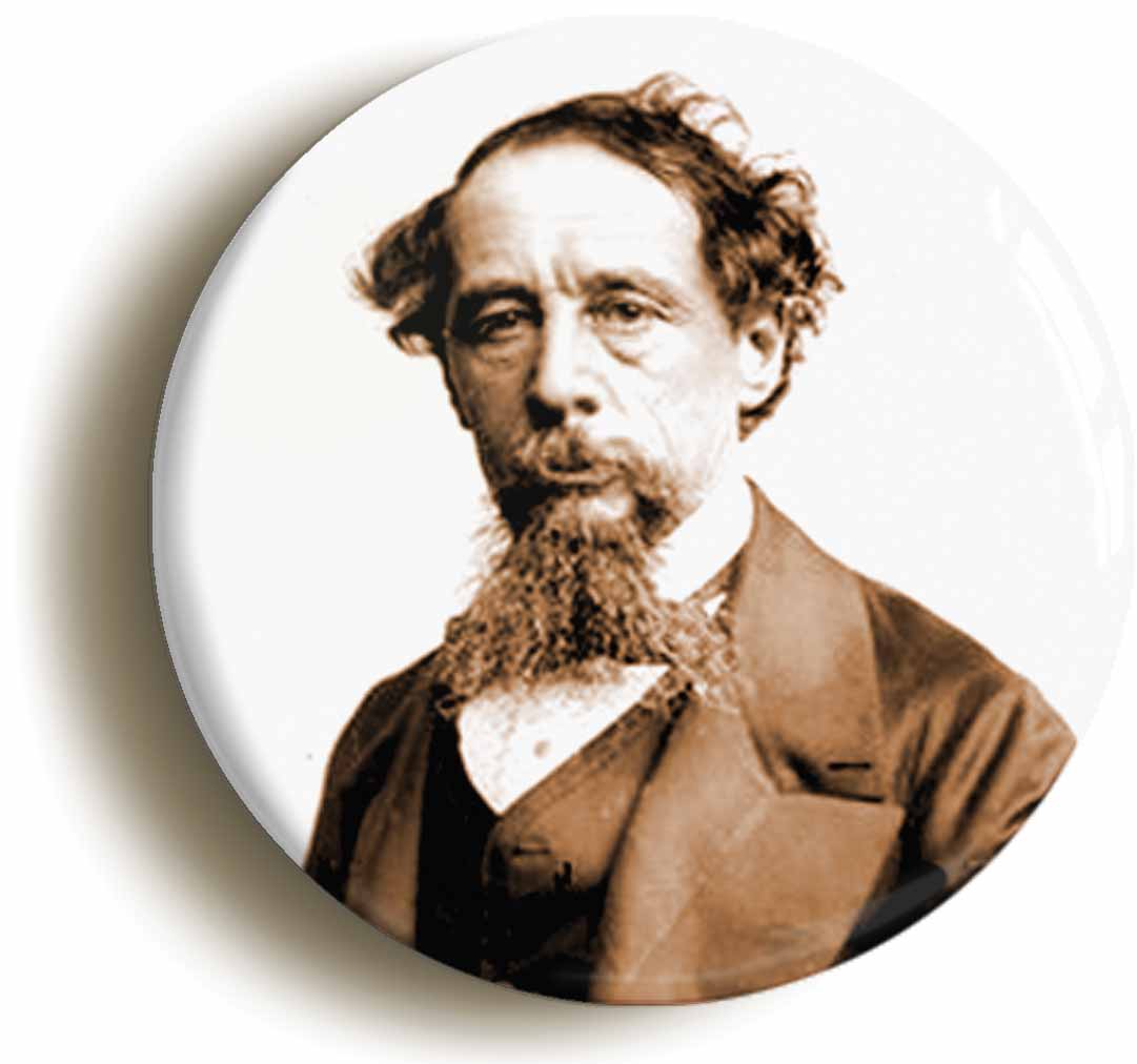 A picture of the front of the product, titled Charles Dickens Portrait Circular 50mm Fridge Magnet