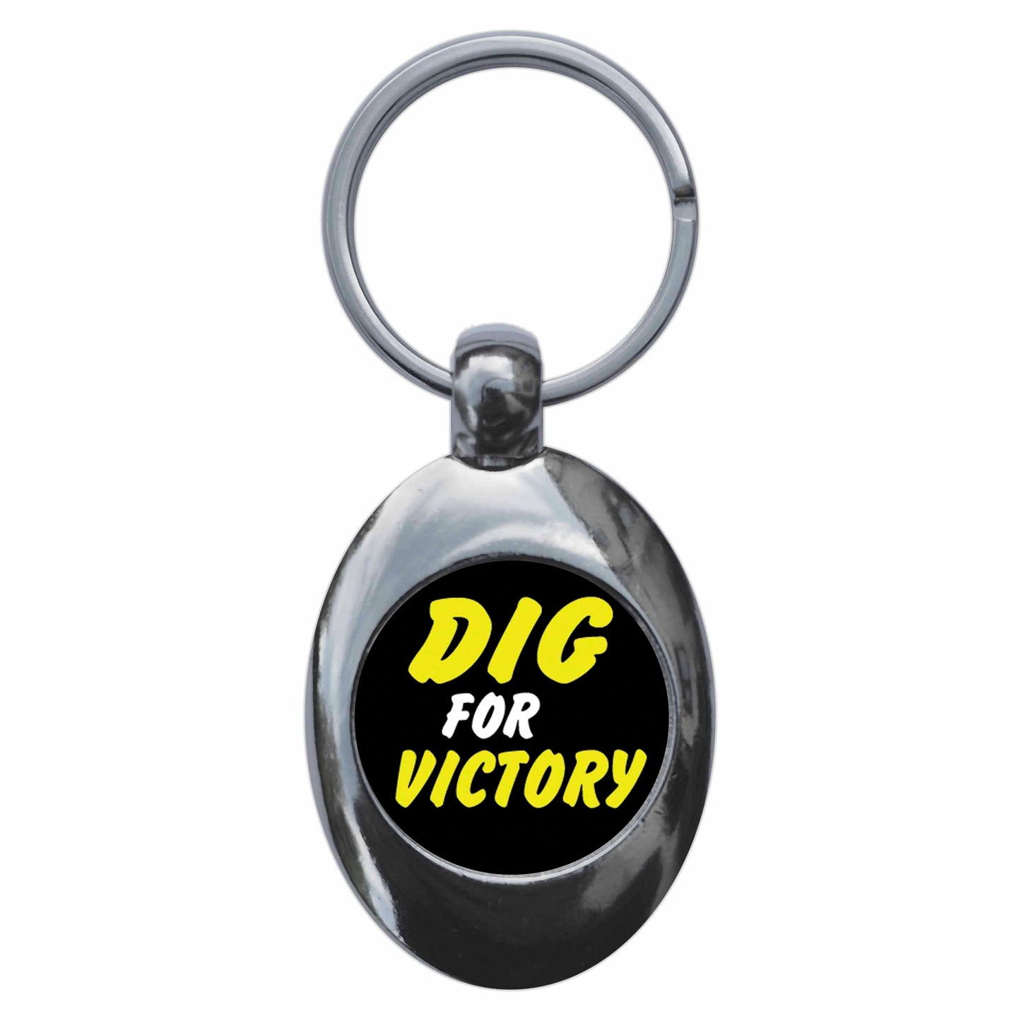 A picture of the front of the product, titled Dig For Victory Metal Keyring With Trolley Coin