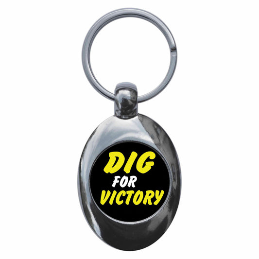 A picture of the front of the product, titled Dig For Victory Metal Keyring With Trolley Coin