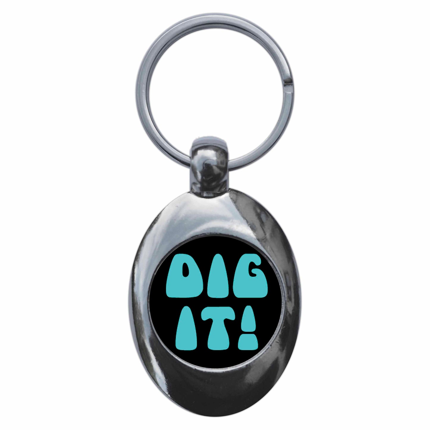 A picture of the front of the product, titled Dig It Metal Keyring With Trolley Coin