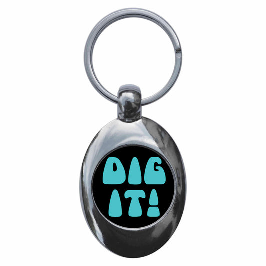 A picture of the front of the product, titled Dig It Metal Keyring With Trolley Coin