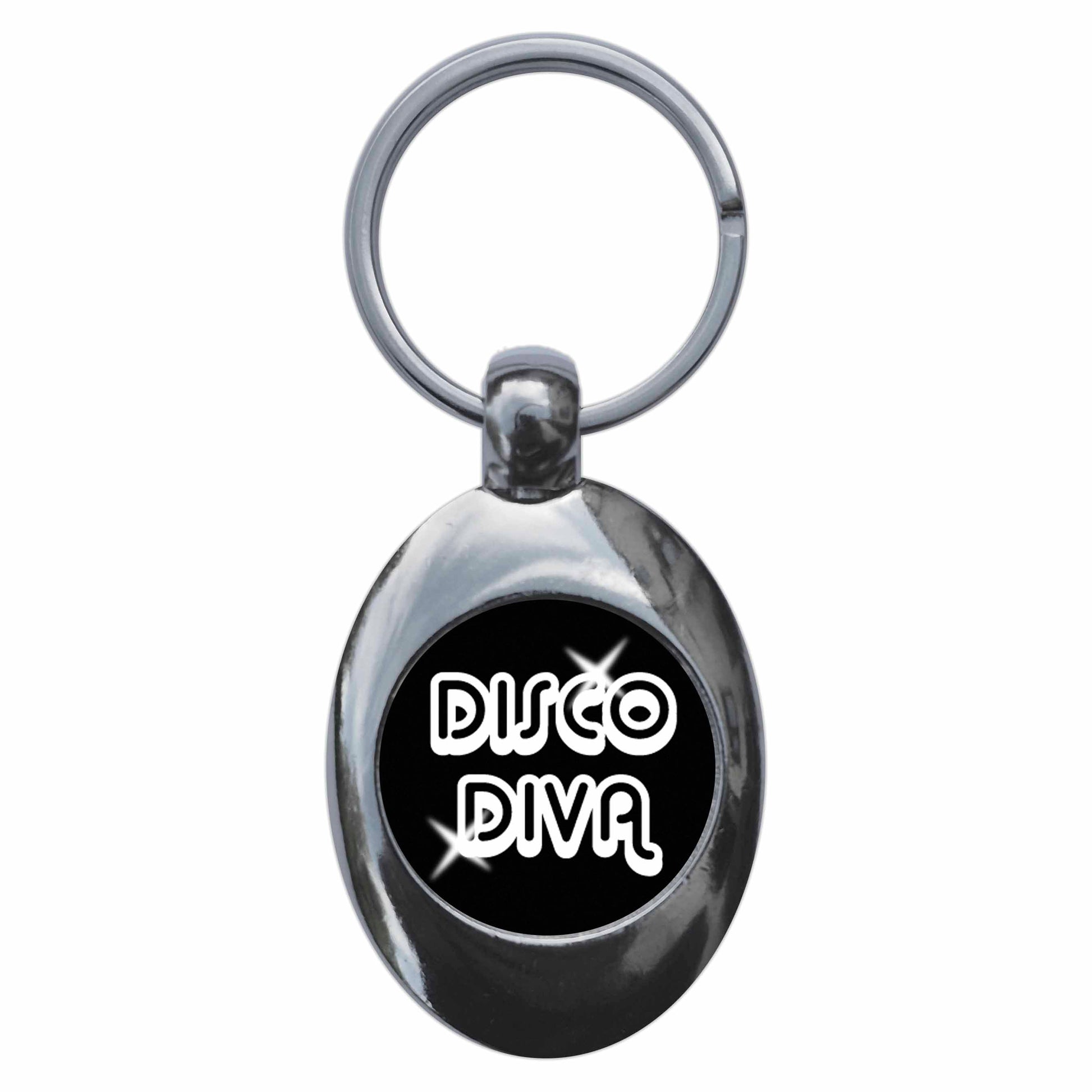A picture of the front of the product, titled Disco Diva Metal Keyring With Trolley Coin