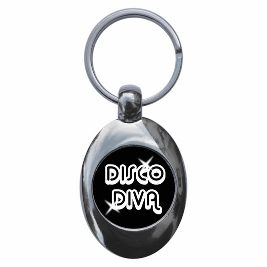 A picture of the front of the product, titled Disco Diva Metal Keyring With Trolley Coin