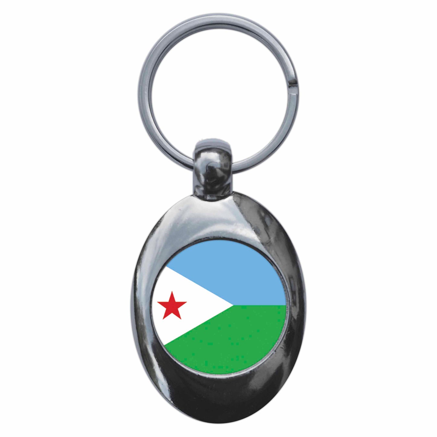 A picture of the front of the product, titled Djibouti DJiboutian National Flag Metal Keyring With Trolley Coin