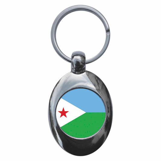 A picture of the front of the product, titled Djibouti DJiboutian National Flag Metal Keyring With Trolley Coin