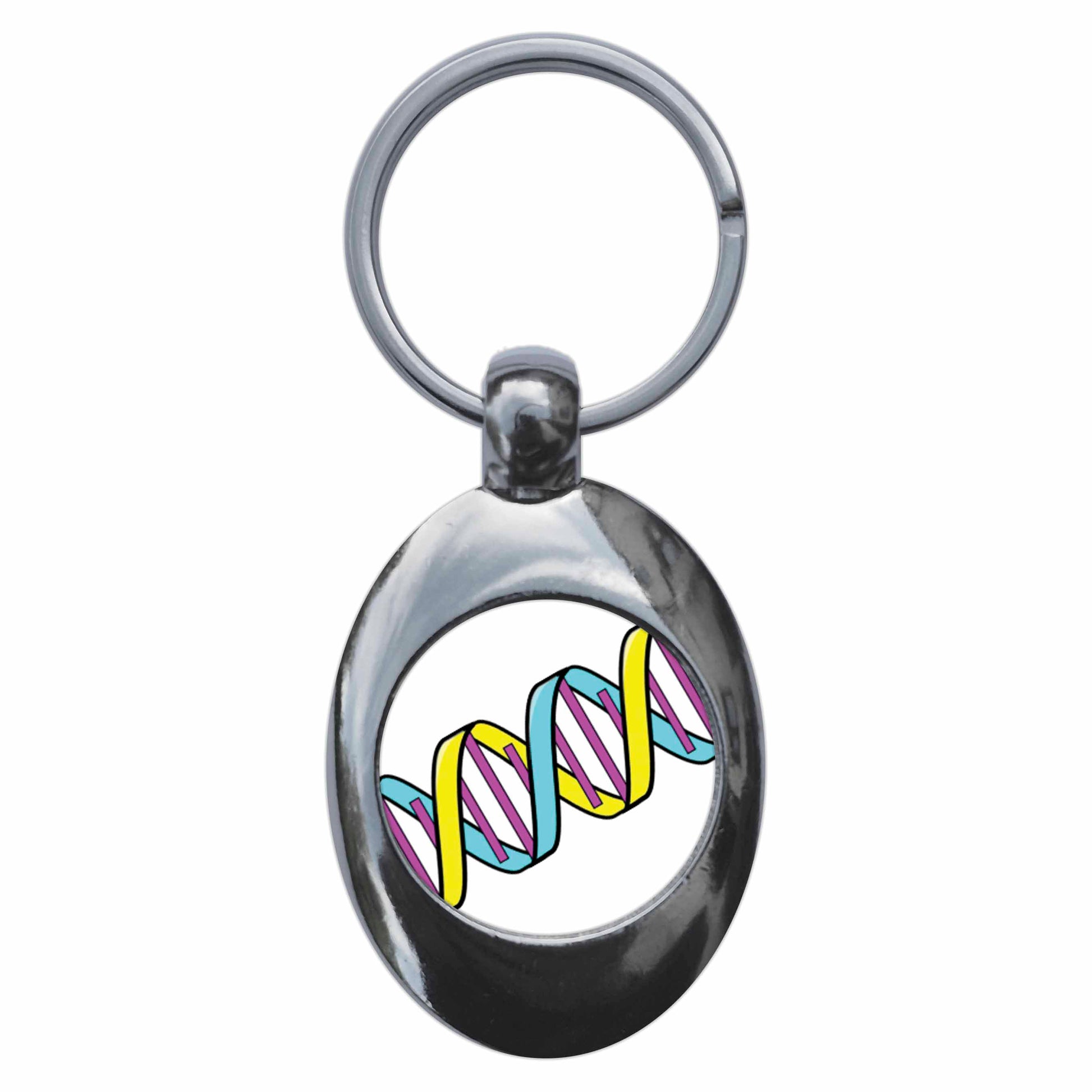 A picture of the front of the product, titled DNA Strand Metal Keyring With Trolley Coin