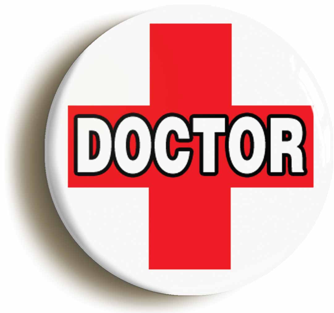 A picture of the front of the product, titled Doctor Red Cross Hospital Fancy Dress Button Pin Badge