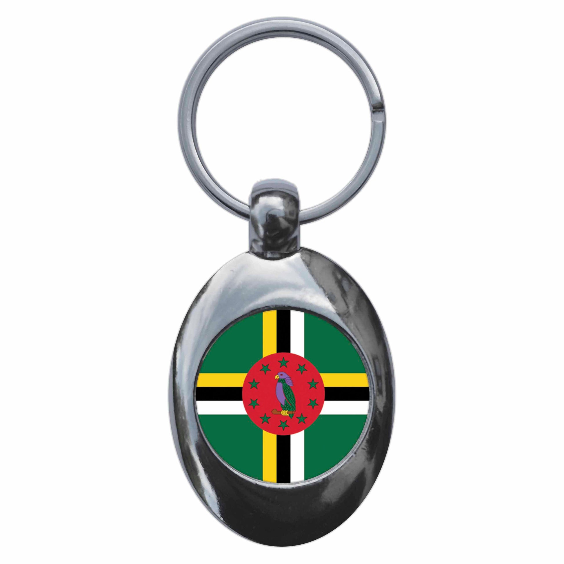 A picture of the front of the product, titled Dominica Dominican National Flag Metal Keyring With Trolley Coin