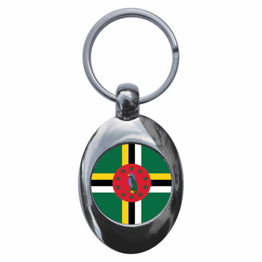 A picture of the front of the product, titled Dominica Dominican National Flag Metal Keyring With Trolley Coin