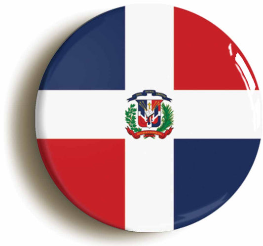 A picture of the front of the product, titled Dominican Republic National Flag Button Pin Badge