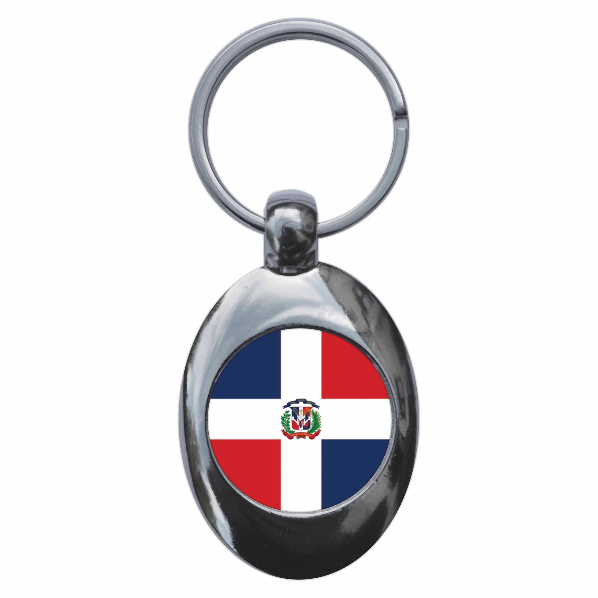 A picture of the front of the product, titled Dominican Republic National Flag Metal Keyring With Trolley Coin