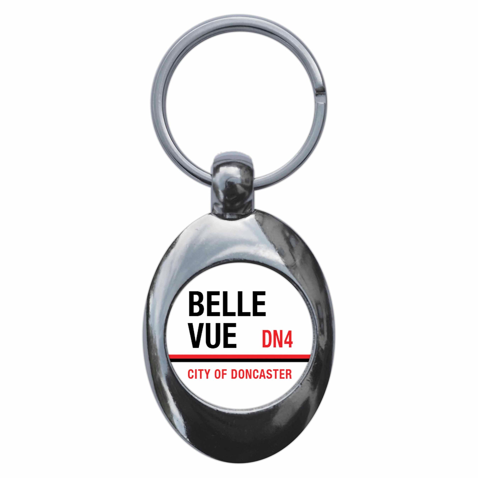 A picture of the front of the product, titled Belle Vue DN4 Doncaster Road Sign Metal Keyring With Trolley Coin