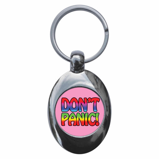 A picture of the front of the product, titled Don't Panic Metal Keyring With Trolley Coin