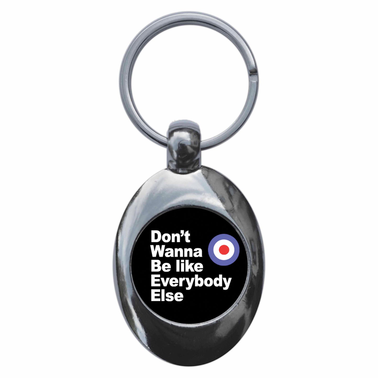 A picture of the front of the product, titled Don't Wanna Be Like Everybody Else Mod Metal Keyring With Trolley Coin
