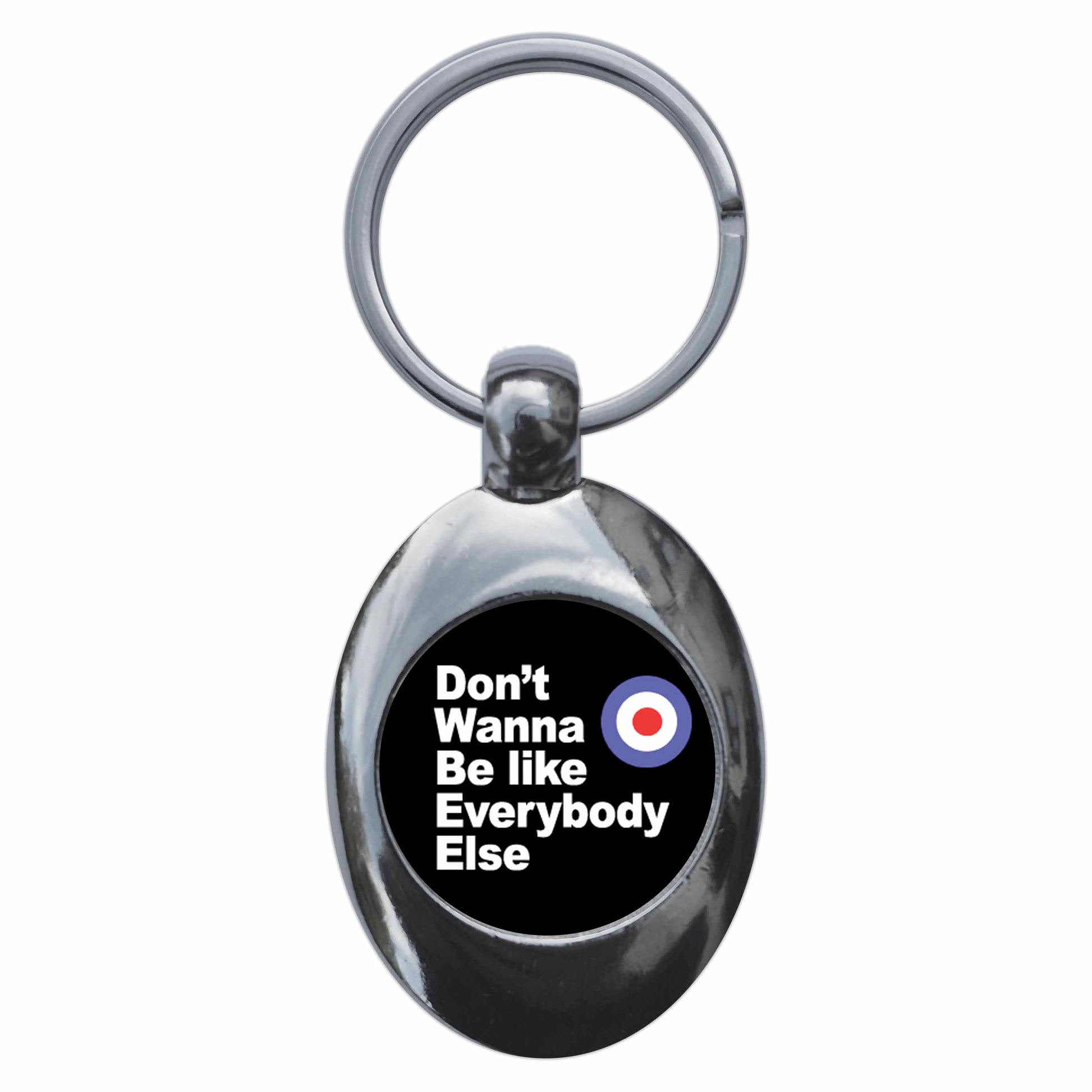 A picture of the front of the product, titled Don't Wanna Be Like Everybody Else Mod Metal Keyring With Trolley Coin