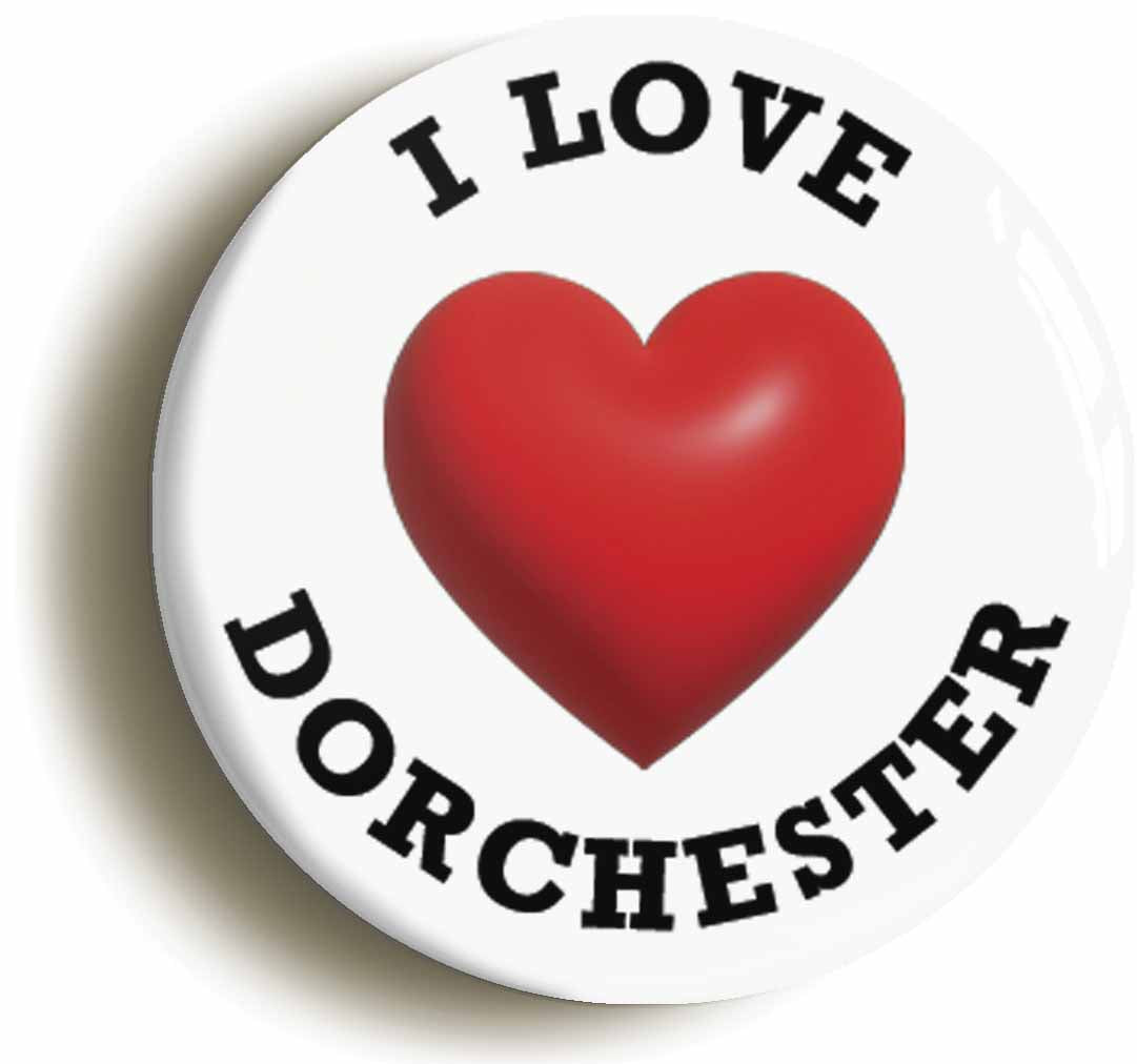 A picture of the front of the product, titled I Heart Love Dorchester Location Button Pin Badge