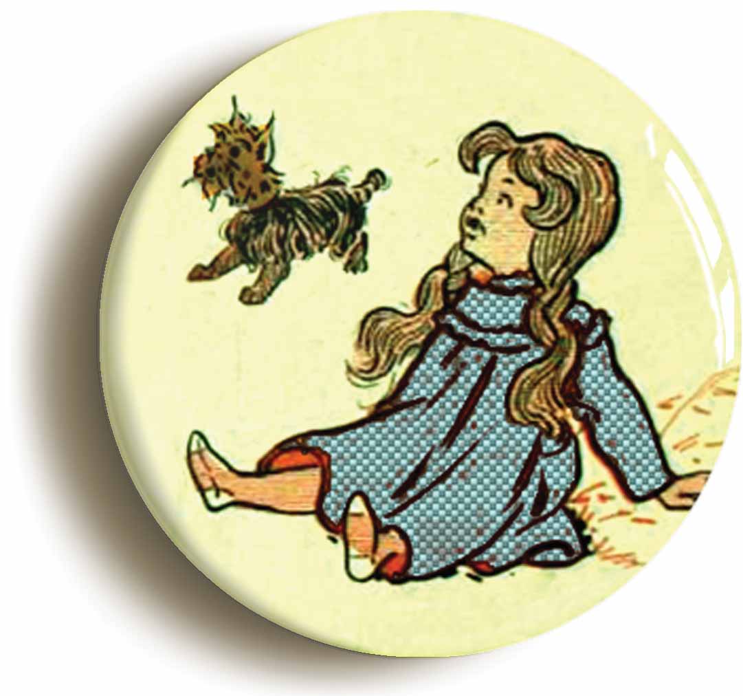 A picture of the front of the product, titled Dorothy And Toto Wonderful Wizard Of Oz Button Pin Badge