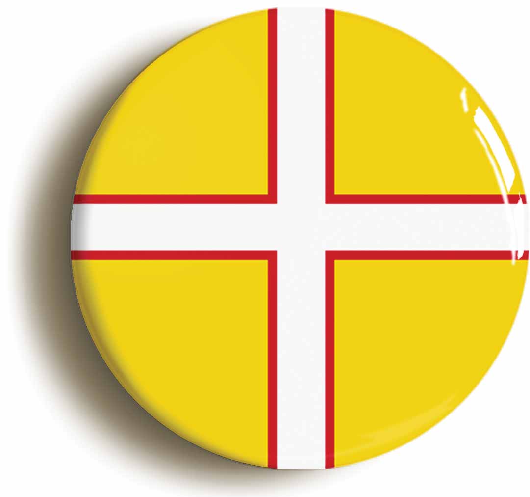 A picture of the front of the product, titled Dorset Flag Button Pin Badge