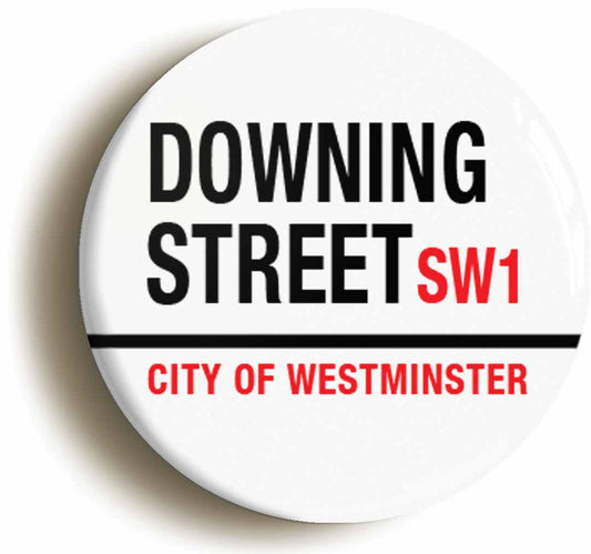 A picture of the front of the product, titled Downing Street Road Sign Button Pin Badge