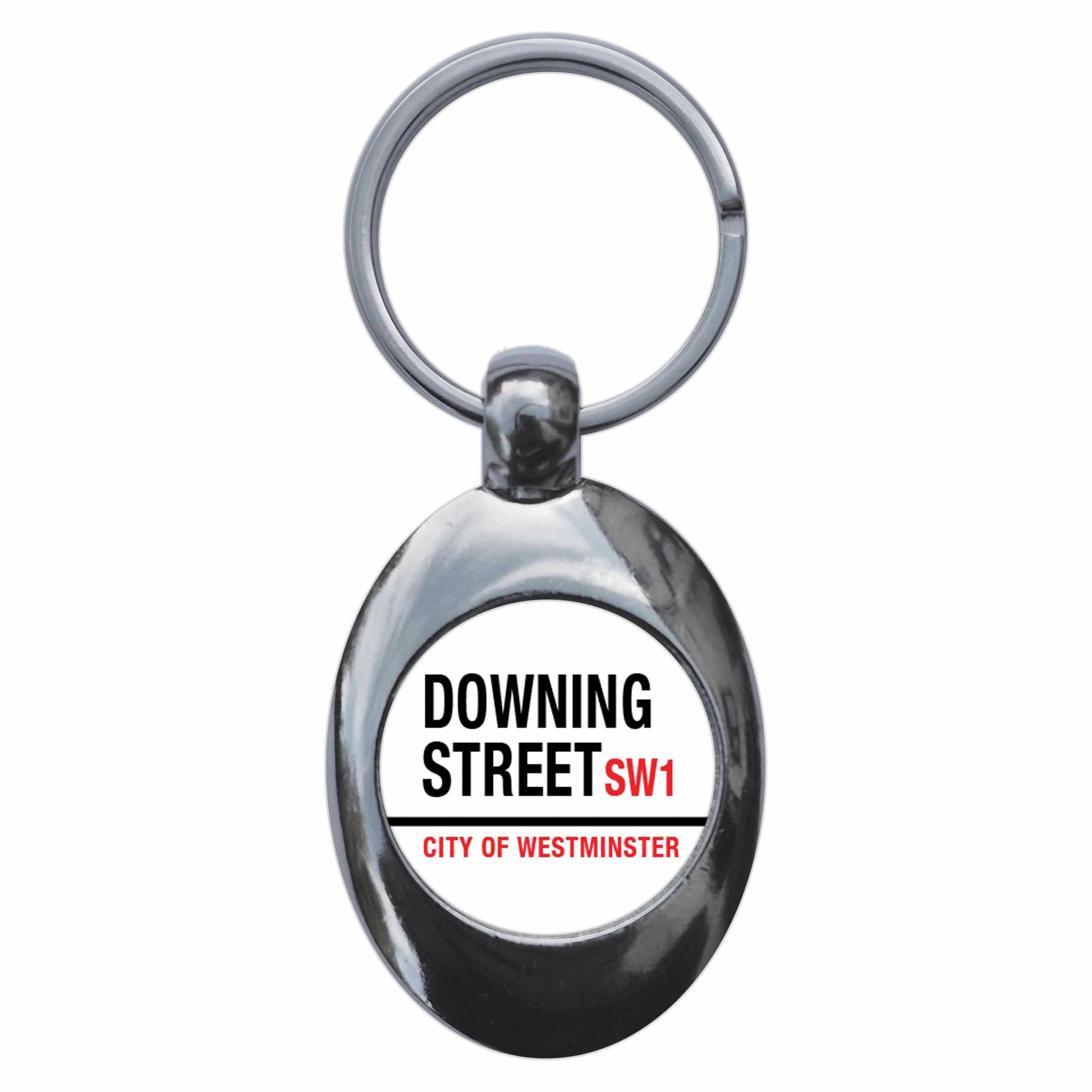 A picture of the front of the product, titled Downing Street Road Sign Metal Keyring With Trolley Coin