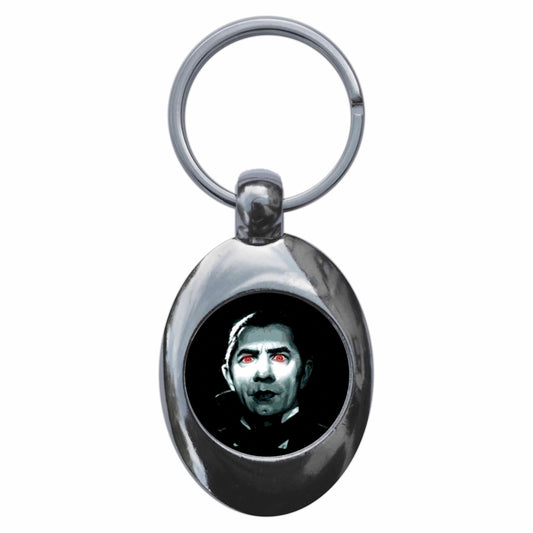 A picture of the front of the product, titled Count Dracula Vampire Metal Keyring With Trolley Coin