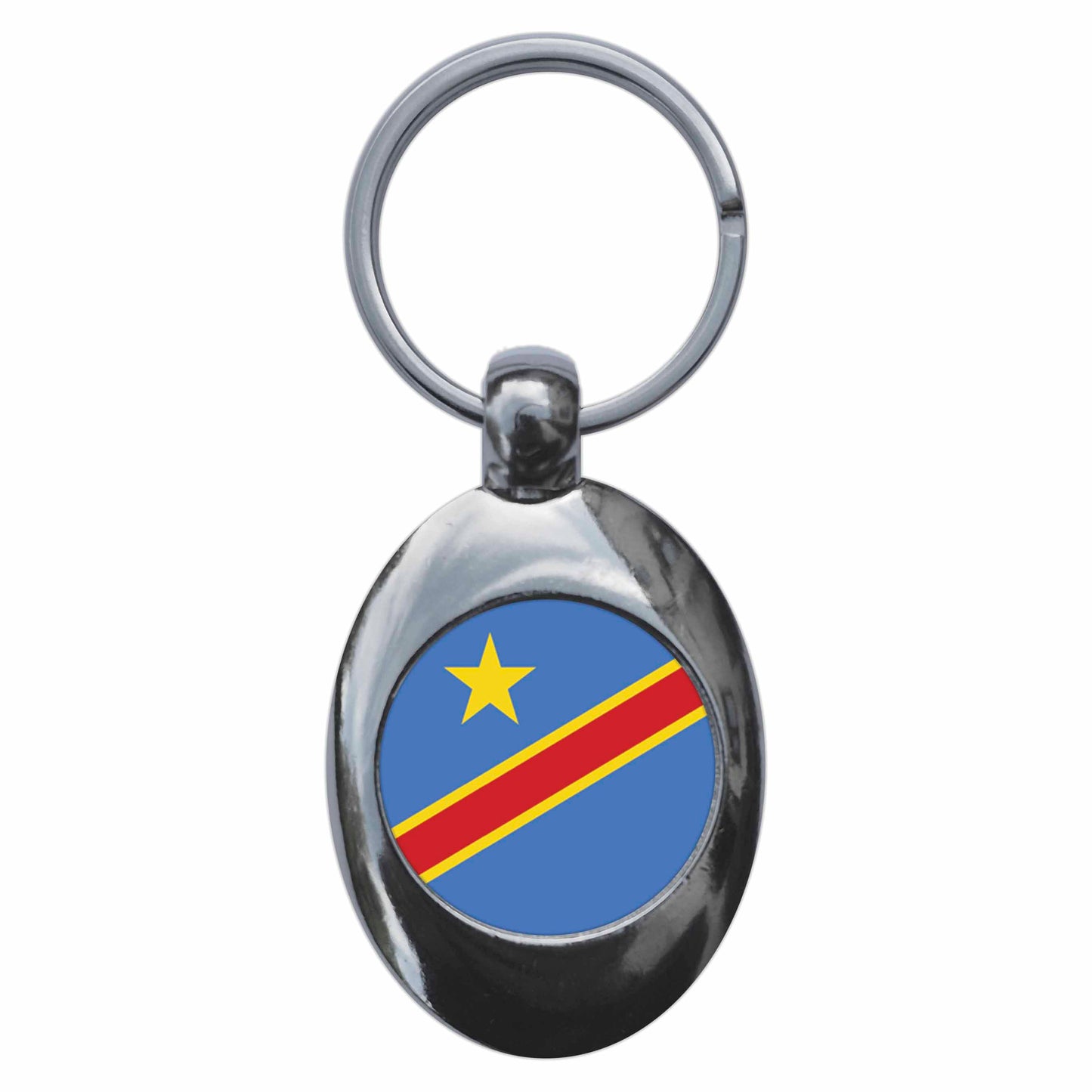 A picture of the front of the product, titled Democratic Republic Of Congo DRC National Flag Metal Keyring With Trolley Coin