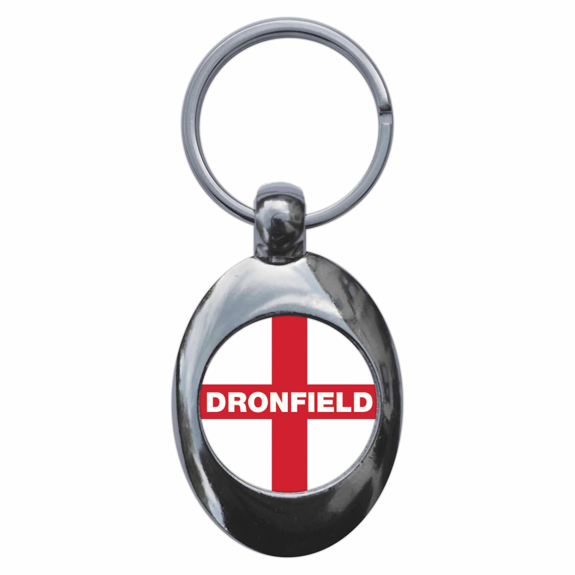 A picture of the front of the product, titled Dronfield England Flag Metal Keyring With Trolley Coin