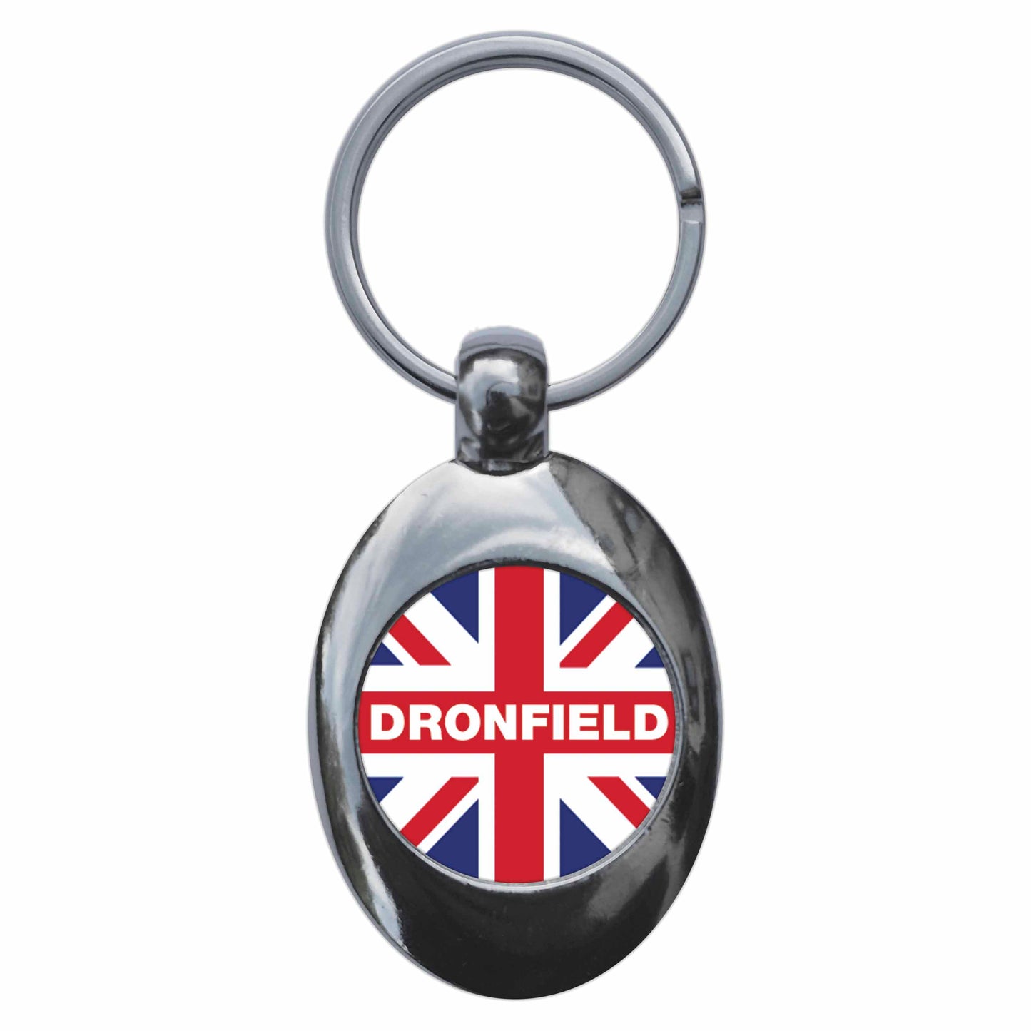 A picture of the front of the product, titled Dronfield Union Jack Metal Keyring With Trolley Coin