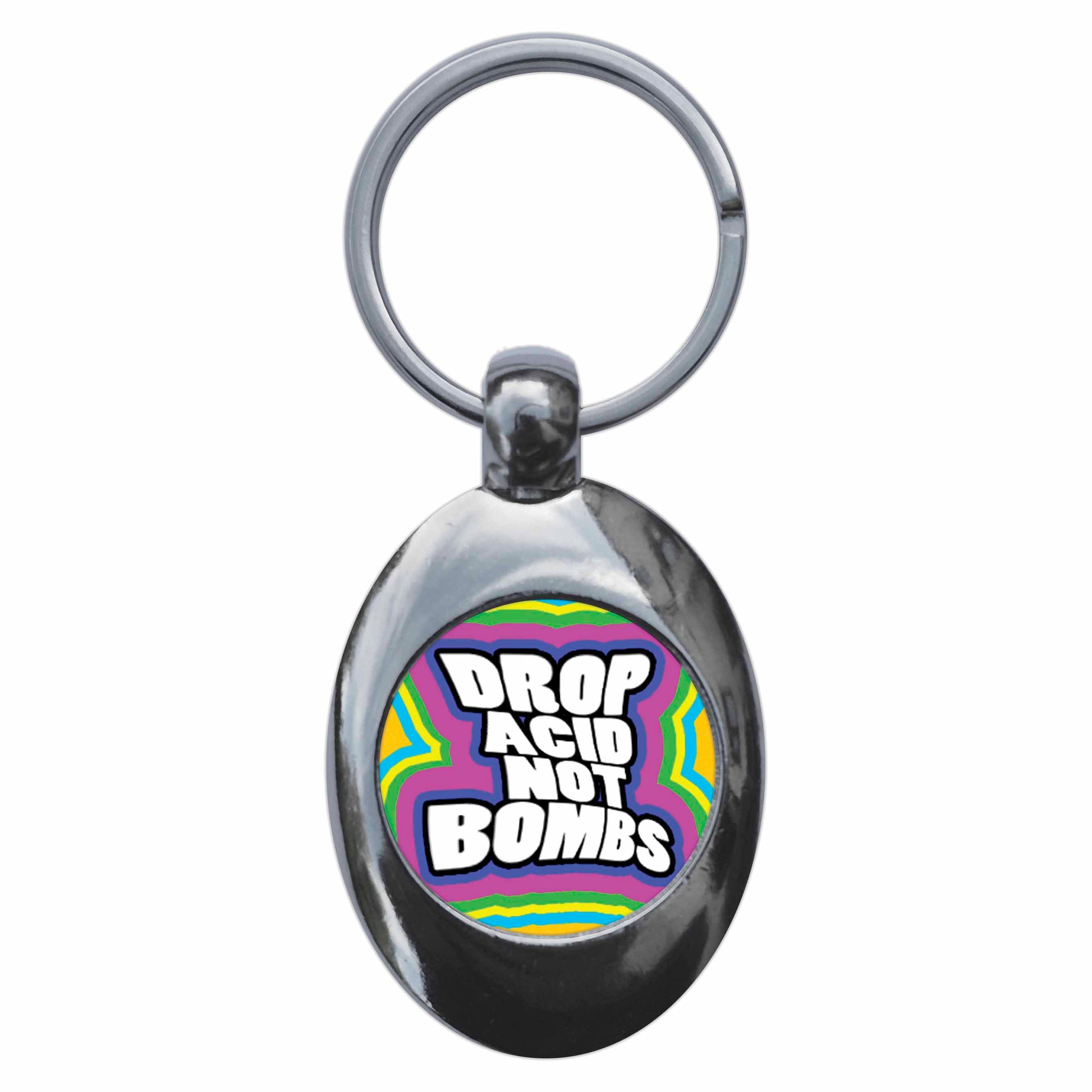 A picture of the front of the product, titled Drop Acid Not Bombs Metal Keyring With Trolley Coin