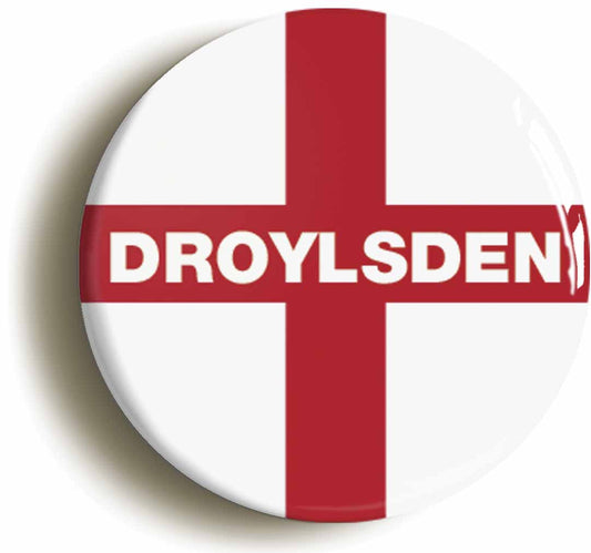 A picture of the front of the product, titled Droylsden England Flag Circular 50mm Fridge Magnet