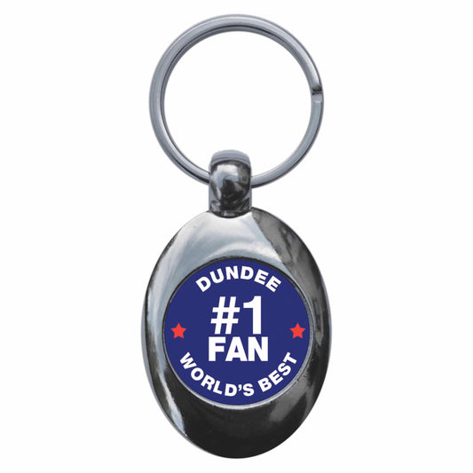 A picture of the front of the product, titled Dundee #1 Fan Metal Keyring With Trolley Coin