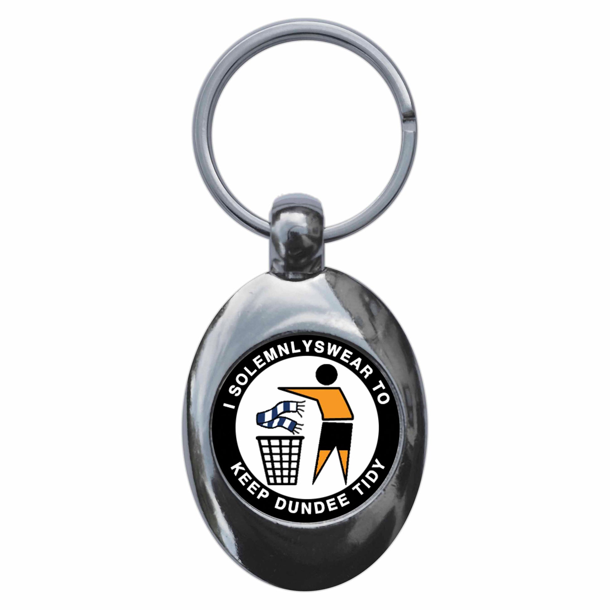 A picture of the front of the product, titled I Solemnly Swear To Keep Dundee Tidy - U Metal Keyring With Trolley Coin