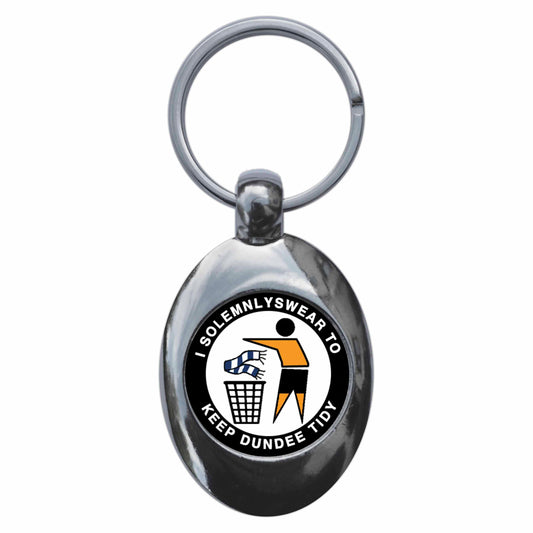 A picture of the front of the product, titled I Solemnly Swear To Keep Dundee Tidy - U Metal Keyring With Trolley Coin