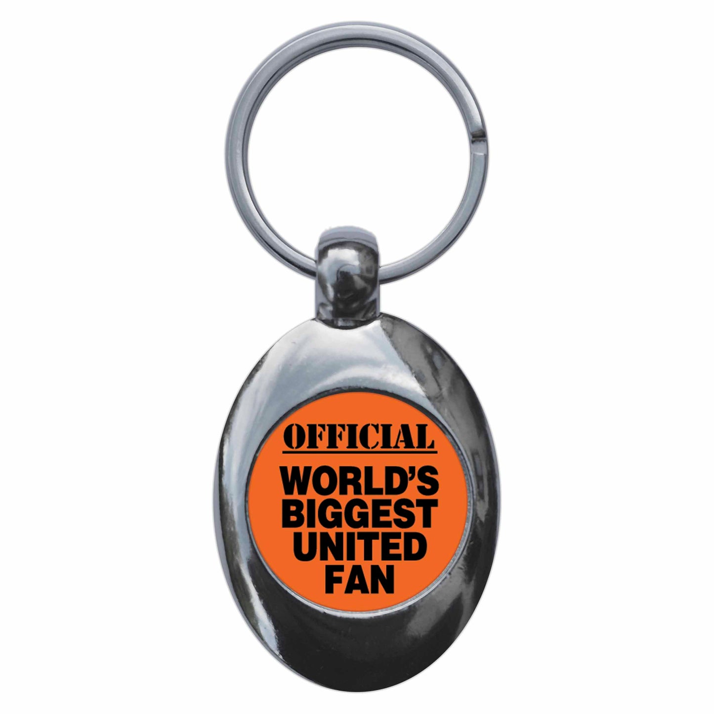 A picture of the front of the product, titled World's Biggest United Fan D Metal Keyring With Trolley Coin