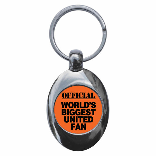 A picture of the front of the product, titled World's Biggest United Fan D Metal Keyring With Trolley Coin