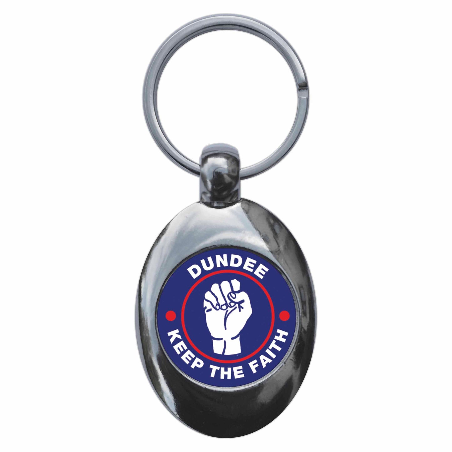 A picture of the front of the product, titled Dundee Keep The Faith Northern Soul Metal Keyring With Trolley Coin