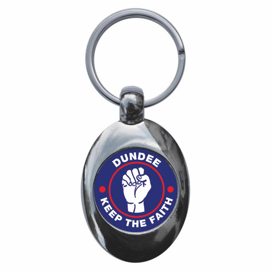 A picture of the front of the product, titled Dundee Keep The Faith Northern Soul Metal Keyring With Trolley Coin