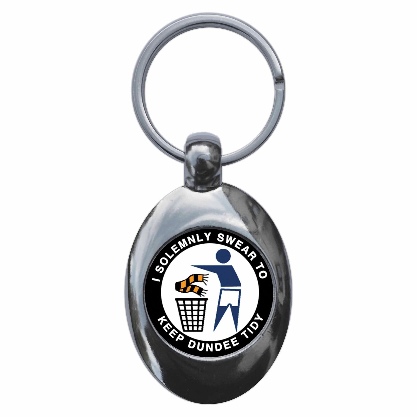 A picture of the front of the product, titled I Solemnly Swear To Keep Dundee Tidy - D Metal Keyring With Trolley Coin