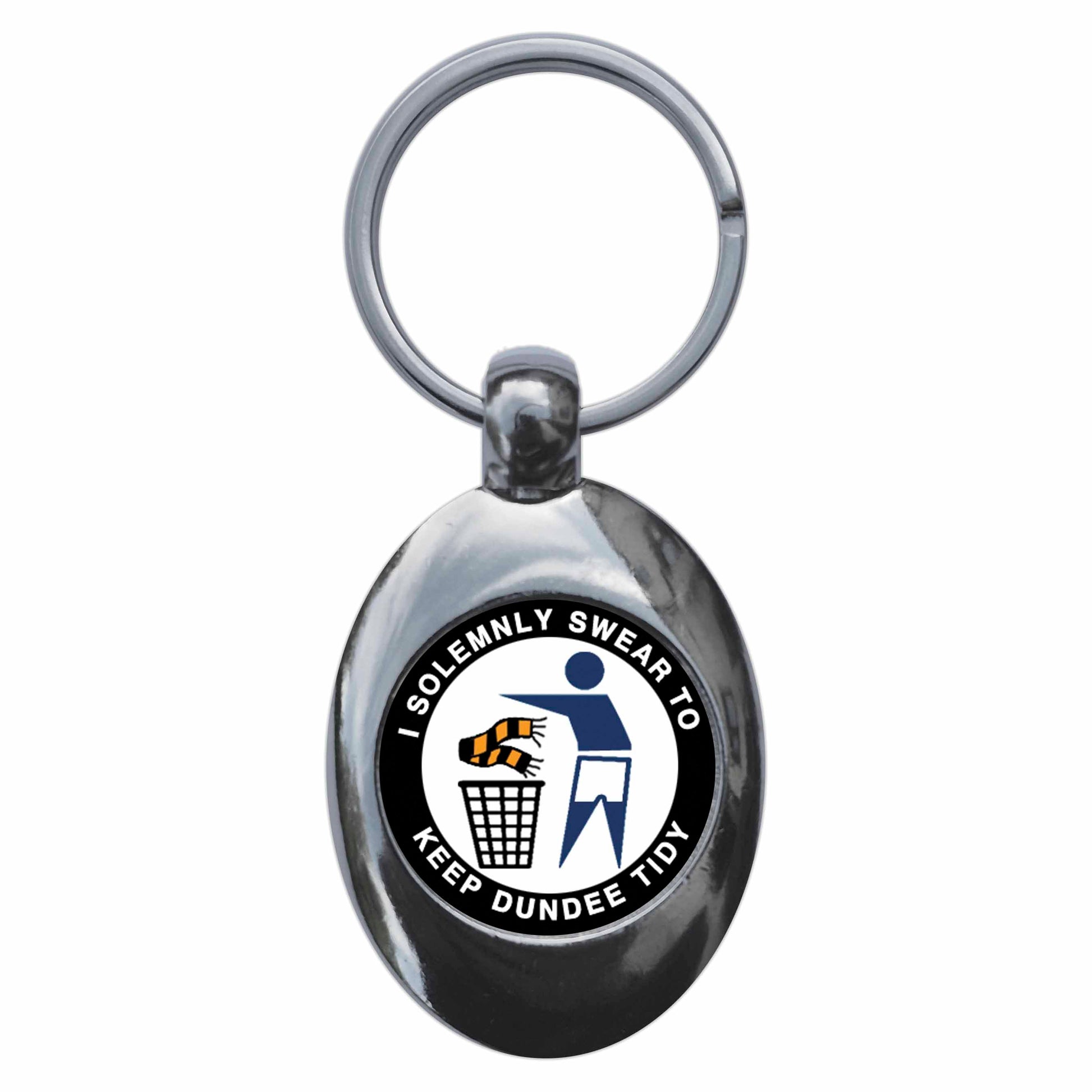 A picture of the front of the product, titled I Solemnly Swear To Keep Dundee Tidy - D Metal Keyring With Trolley Coin
