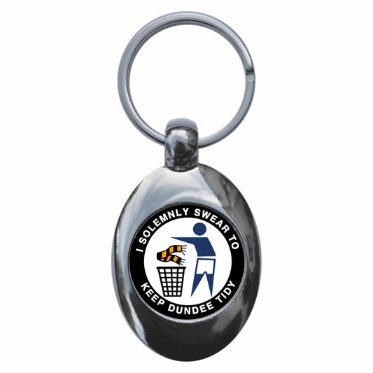 A picture of the front of the product, titled I Solemnly Swear To Keep Dundee Tidy - D Metal Keyring With Trolley Coin