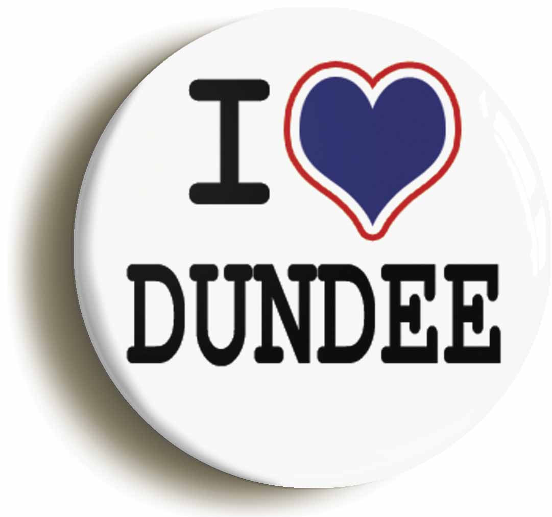 A picture of the front of the product, titled I Heart Love Dundee Circular 50mm Fridge Magnet