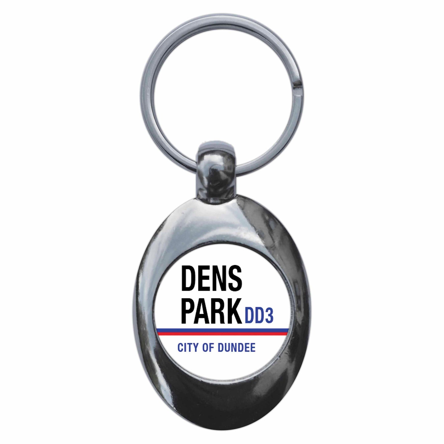 A picture of the front of the product, titled Dens Park DD3 Dundee Road Sign Metal Keyring With Trolley Coin