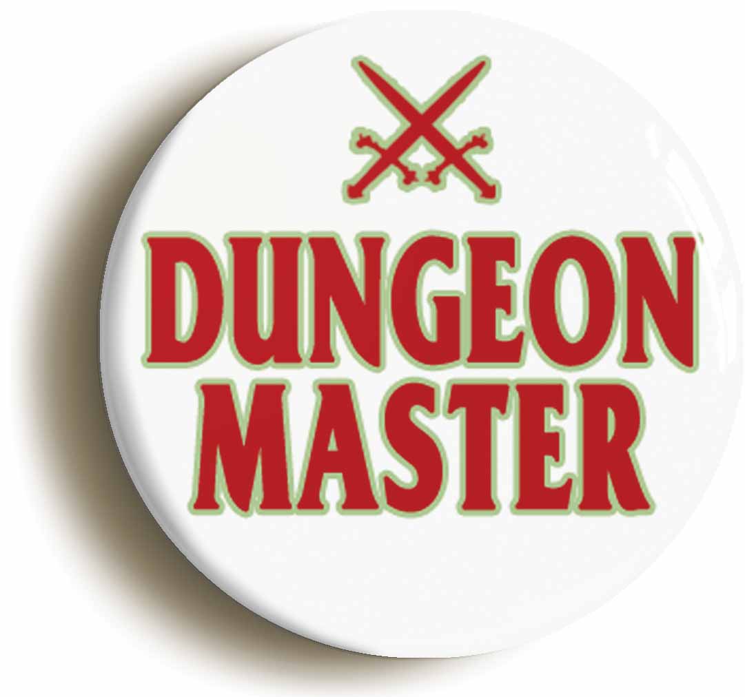A picture of the front of the product, titled Dungeon Master RPG Button Pin Badge