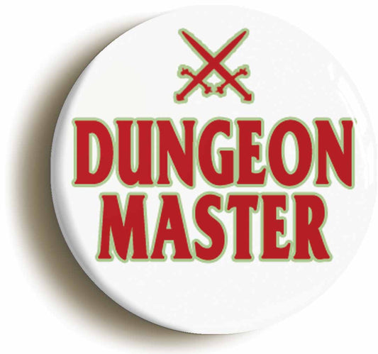 A picture of the front of the product, titled Dungeon Master RPG Button Pin Badge