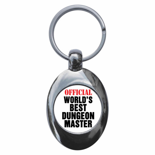 A picture of the front of the product, titled Official World's Best Dungeon Master Metal Keyring With Trolley Coin