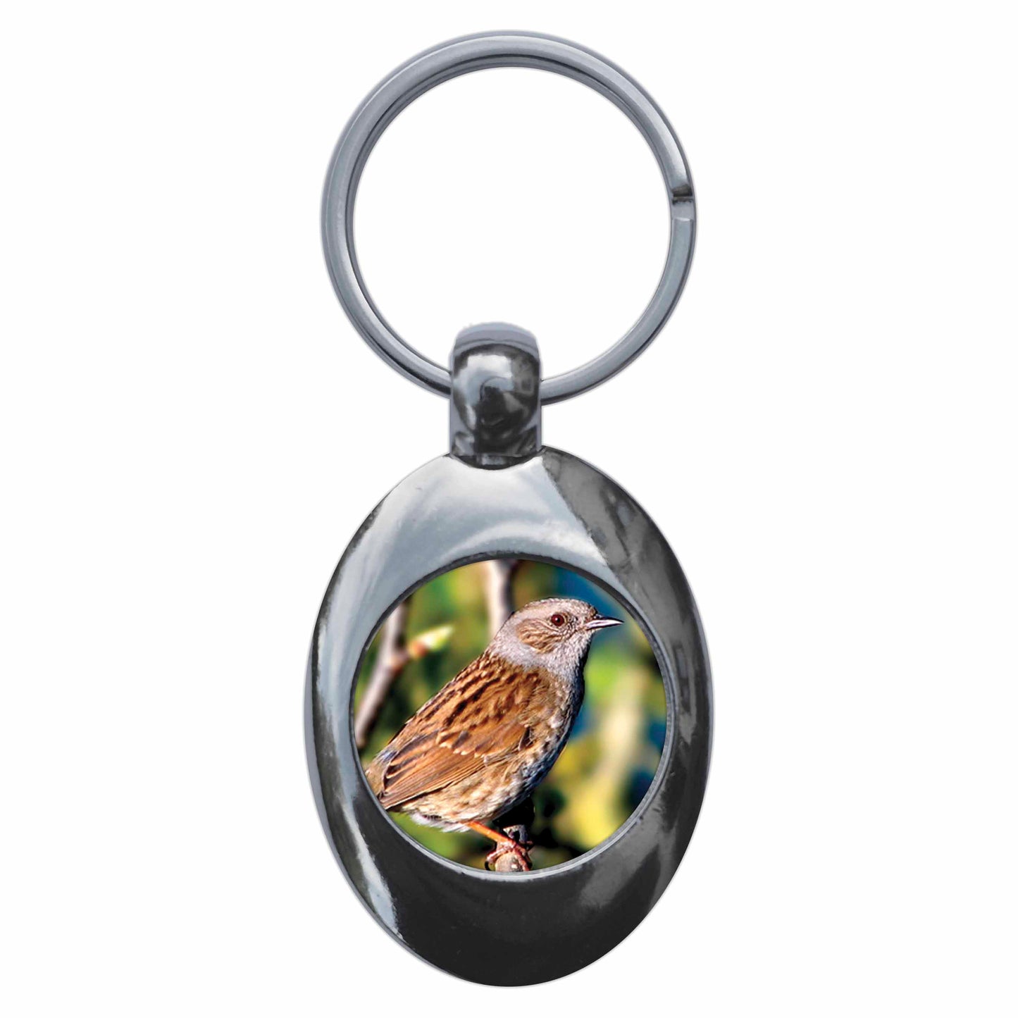 A picture of the front of the product, titled Dunnock Metal Keyring With Trolley Coin